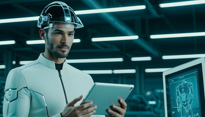 An innovative engineer monitors automated production in a futuristic warehouse.