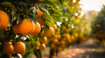 Sun-Dappled Orange Orchard with Trees Lush with Colorful Fruit Ready for Harvest, Promising a Bountiful and Profitable Crop - obrazy, fototapety, plakaty
