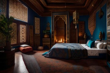 Moroccan-inspired bedroom with intricate patterns and textiles.