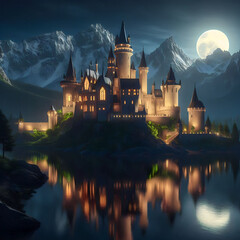 The castle is in the middle of the lake with mountains in the background and the moon shining at night and copy space area on water.