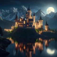 Fotobehang The castle is in the middle of the lake with mountains in the background and the moon shining at night and copy space area on water. © Budi