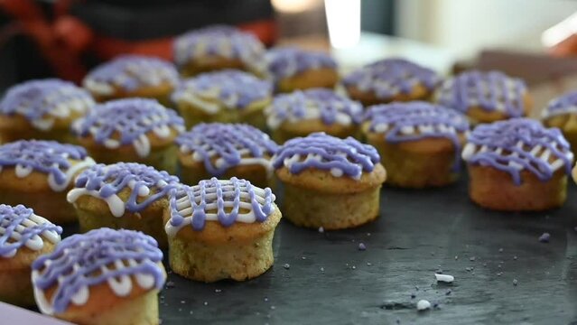 Basbousa bites with lavender topping, Arabic mini bites sweets