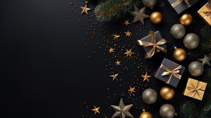 Merry Christmas and Happy New Year. Flat lay black christmas concept design of ornaments and decorative. Happy Holidays festive realistic for poster, banner, brochure. Generative AI