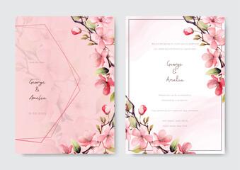 Pink roses and pink frame wedding invitation template with pink watercolor texture
