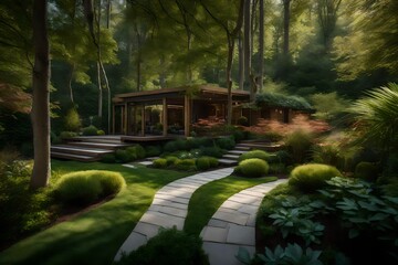 A woodland-inspired home lawn with shade-loving plants and a meandering path. - obrazy, fototapety, plakaty