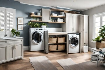 A dedicated laundry room with folding and ironing areas.