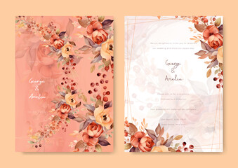 Wedding invitation template with orange rose and orange background