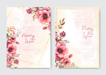 Wedding invitation template with pink watercolor rose and gold lines