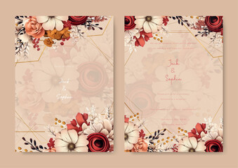 Wedding invitation template with colorful rose and gold lines with brown background