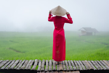 Beautiful Vietnamese woman in Ao Dai the Traditional National Dress costume stands in a natural rice paddy field of green jasmine rice in the morning famous agricultural product of Thai farmers.