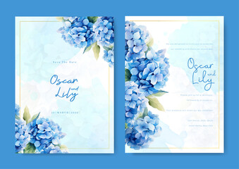 Wedding invitation template with watercolor blue floral