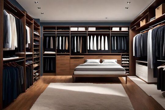 Abedroom with a walk-in wardrobe closet.