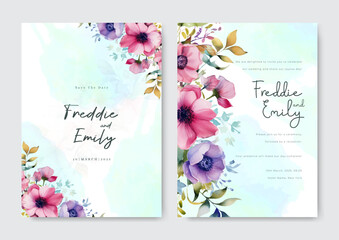 Wedding invitation template with colorful roses and gold lines