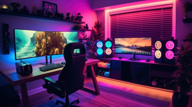 RGB lighting Gaming Room Represents Technologically Immersive Spaces for Entertainment and Creative Expression