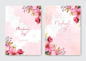 Wedding invitation template with pink watercolor roses and gold line