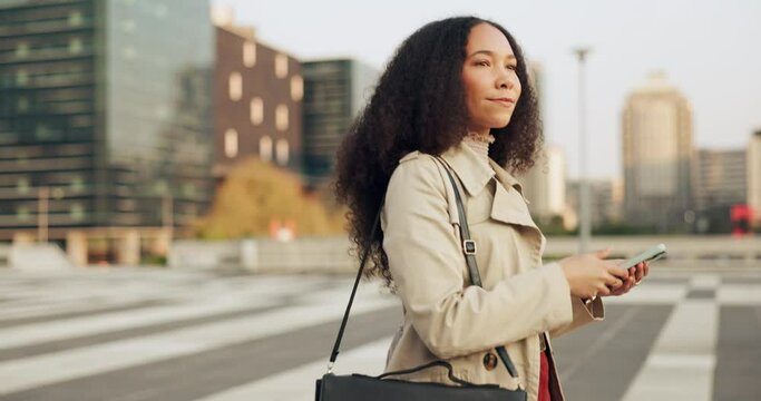 Business woman, phone and walk in street, city and thinking with typing, networking and contact on web chat. Entrepreneur, smartphone and ideas with social media, scroll and travel in Seattle metro