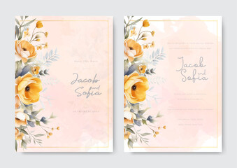 Wedding invitation template with yellow rose and gold frame border with watercolor spark