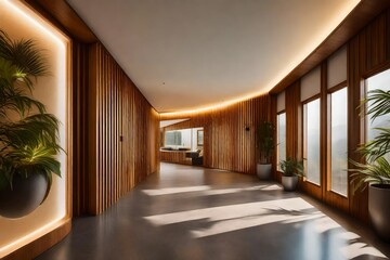 Designs for a home corridor with a mid-century modern aesthetic.