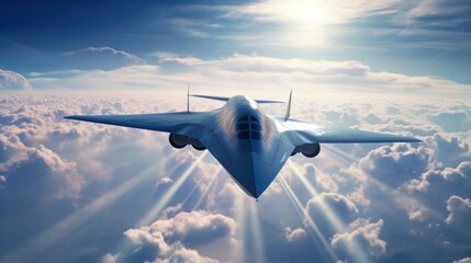3D illustration of futuristic hypersonic jet in the sky. Future technology with supersonic Jet. - obrazy, fototapety, plakaty