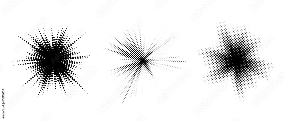 Poster halftone burst element set. pop art dotted explosion blast collection. black light star glow with gr