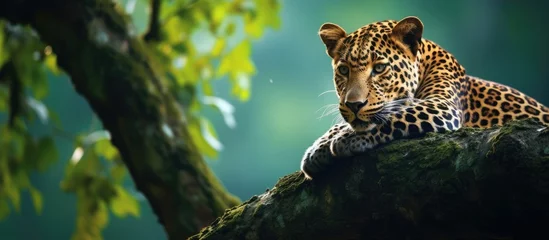 Papier Peint photo Léopard Male leopard or panther on a tree in the monsoon green jungle of central India Asia