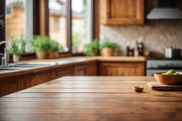 Wooden table on blurred kitchen bench background. Empty wooden table and blurred kitchen background - obrazy, fototapety, plakaty