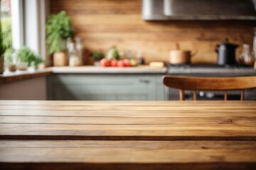 Wooden table on blurred kitchen bench background. Empty wooden table and blurred kitchen background
