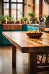 Wooden table on blurred kitchen bench background. Empty wooden table and blurred kitchen background