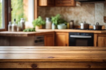 Wooden table on blurred kitchen bench background. Empty wooden table and blurred kitchen background