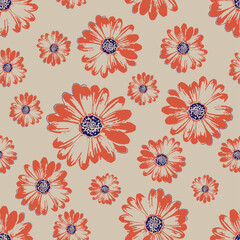 Seamless summer flower pattern. Big blossom sunflowers pattern on Cream background.Seamless pattern with abstract spring color sunflowers.