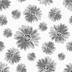 Seamless gray flower pattern. Big blossom sunflowers pattern on white background.Seamless pattern with abstract gray color sunflower pattern.