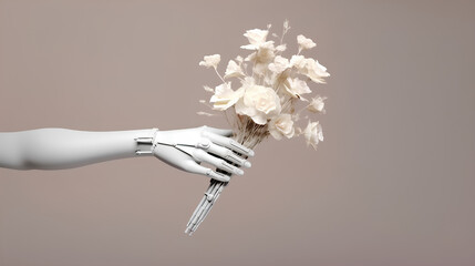 A bouquet of white flowers in the robot's hand on a beige background. The concept of congratulations.