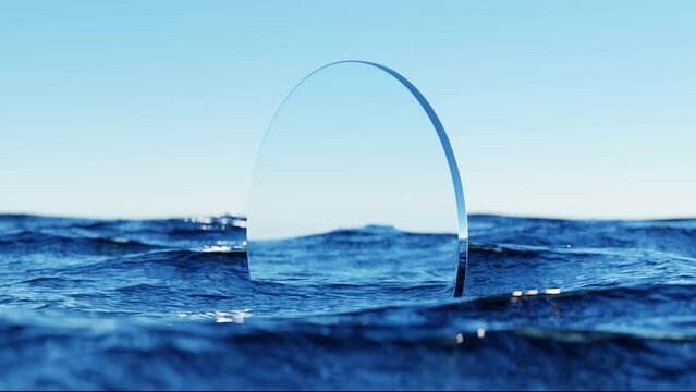 Wave sea beach and round mirror on blue sky abstract background. Nature and summer concept. 3d render.