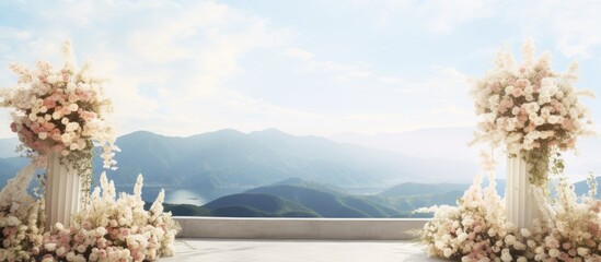 Stunning outdoor wedding with mountain backdrop sky and flower decor - obrazy, fototapety, plakaty