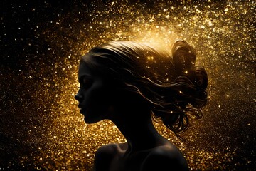Image of a female woman model silhouette with gold glitter surrounding her.
