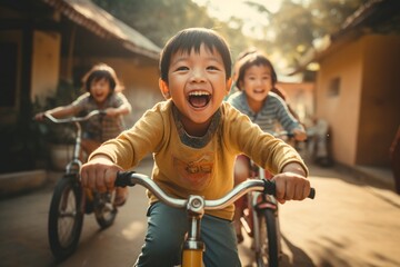 Happy asian kid riding bicycle in the park - obrazy, fototapety, plakaty