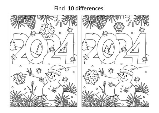 Year 2024 difference game and coloring page with year 2024 heading, cute little snowman, cheerful snowflake and outdoor winter scene

