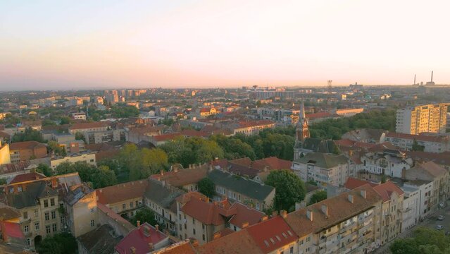 Aerial footage over Arad city center. Video was shot from a drone, in the morning, while flying forward with camera level.
