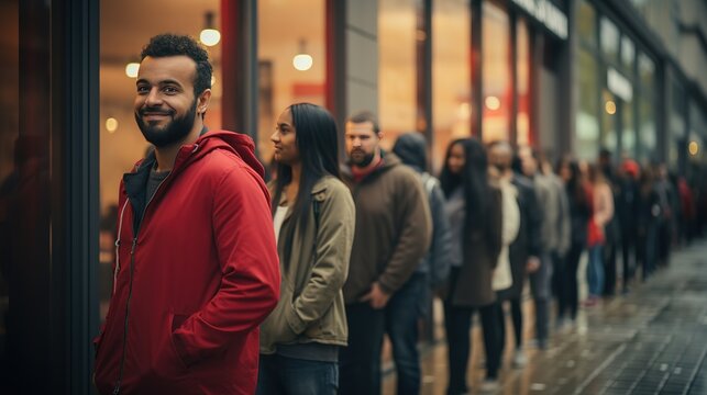 People queue up waiting for stores to open for shopping. Sale and discounts, promotions