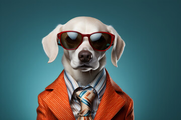 Cool looking dog wearing funky fashion dress - jacket, tie, sunglasses, plain colour background, stylish animal posing as supermodel