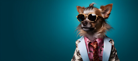 Cool looking dog wearing funky fashion dress - jacket, tie, sunglasses, plain colour background,...