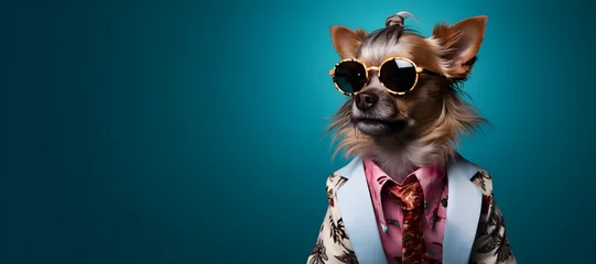 Poster Cool looking dog wearing funky fashion dress - jacket, tie, sunglasses, plain colour background, stylish animal posing as supermodel © sam