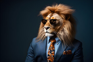 Cool looking lion wearing funky fashion dress - jacket, tie, sunglasses, plain colour background, stylish animal posing as supermodel - obrazy, fototapety, plakaty