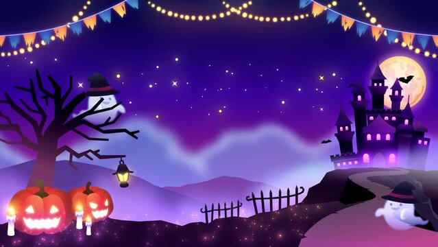 ハロウィンの夜かぼちゃとコウモリとお城のイメージ背景イラストのアニメーションループ動画