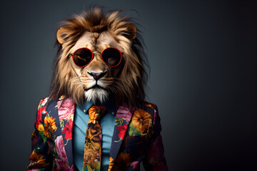 Cool looking lion wearing funky fashion dress - jacket, tie, sunglasses, plain colour background, stylish animal posing as supermodel