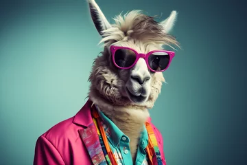 Deurstickers Cool looking llama wearing funky fashion dress - jacket, tie, sunglasses, plain colour background, stylish animal posing as supermodel © sam