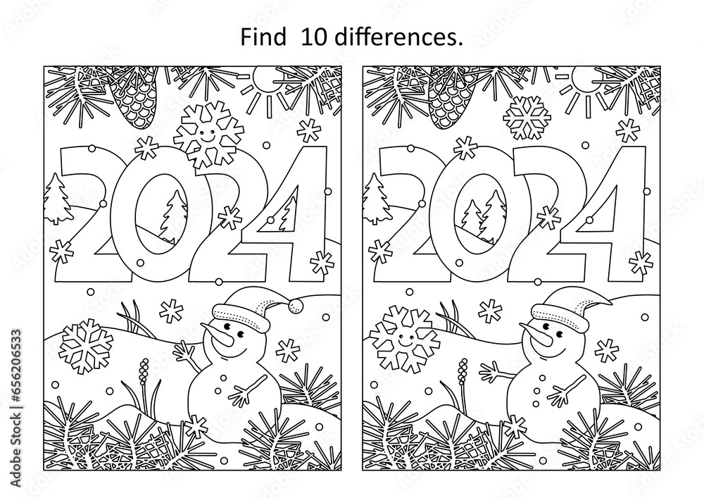 Wall mural year 2024 difference game and coloring page with year 2024 heading, cute little snowman, cheerful sn