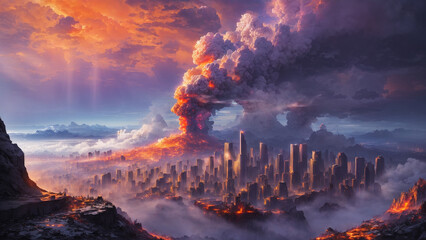 Scorched City: Ominous Skies After Atomic Inferno - obrazy, fototapety, plakaty