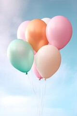 Set of multicolored helium balloons, element of decorations for Birthday party, wedding, festival, bunch of colorful pastel balloons flying on blue sky background