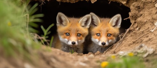 Wild red fox with cubs close up near its den feeding puppies - obrazy, fototapety, plakaty